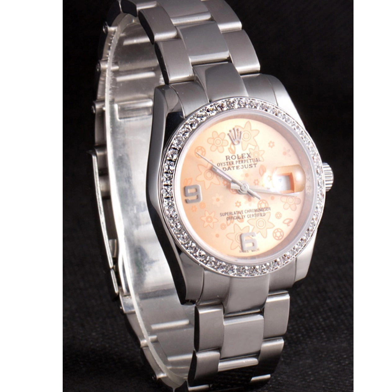 MiroTime 0804 Rolex Datejust Polished Stainless Steel Orange Flowers Dial Diamond Plated